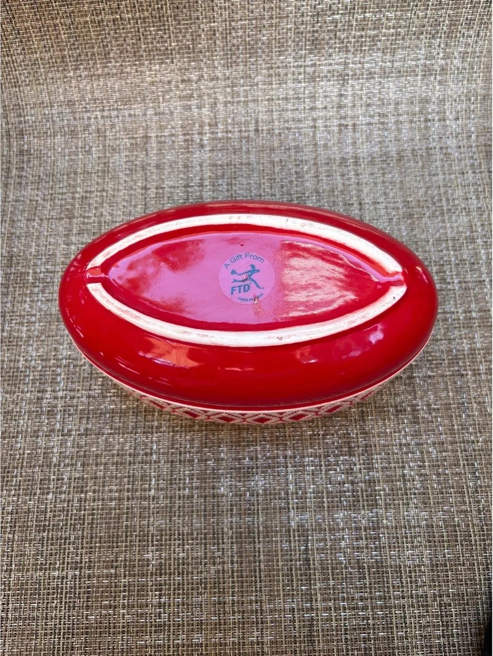 Vintage Red White Ceramic Oval Planter Geometric Made in USA
